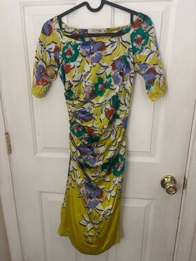 Etro Yellow Floral Ruched Midi Dress